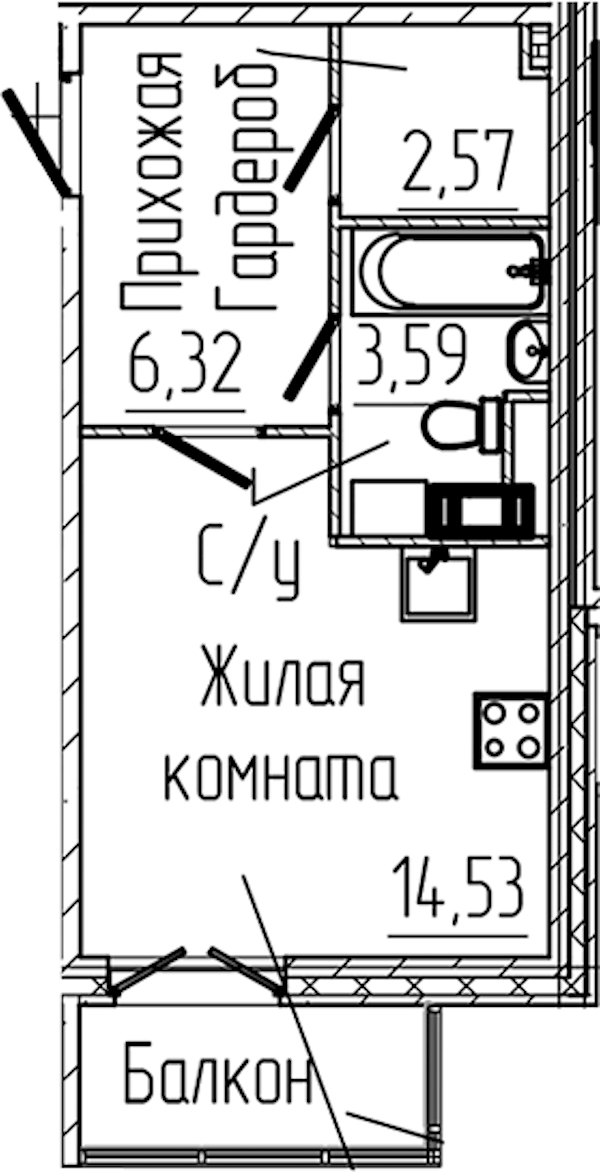 Квартира студия 27.95 м², 6/6 эт., ЖК «SERTOLOVO PARK»
